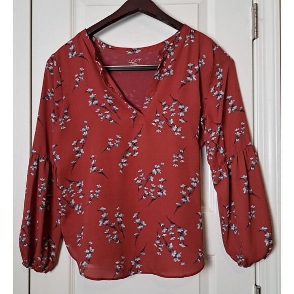 Loft Outlet Women's Red Floral Blouse Long Sleeve Peasant Size S - Picture 2 of 8